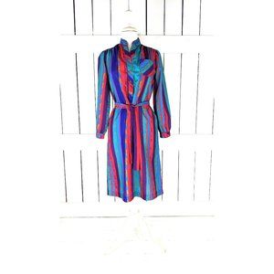 Vintage red blue striped long sleeve tunic belted dress
